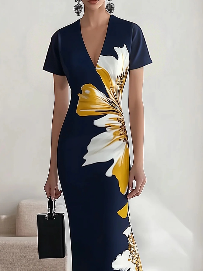 Urban Floral Printing V Neck Midi Dress