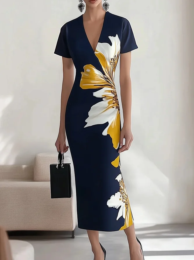Urban Floral Printing V Neck Midi Dress