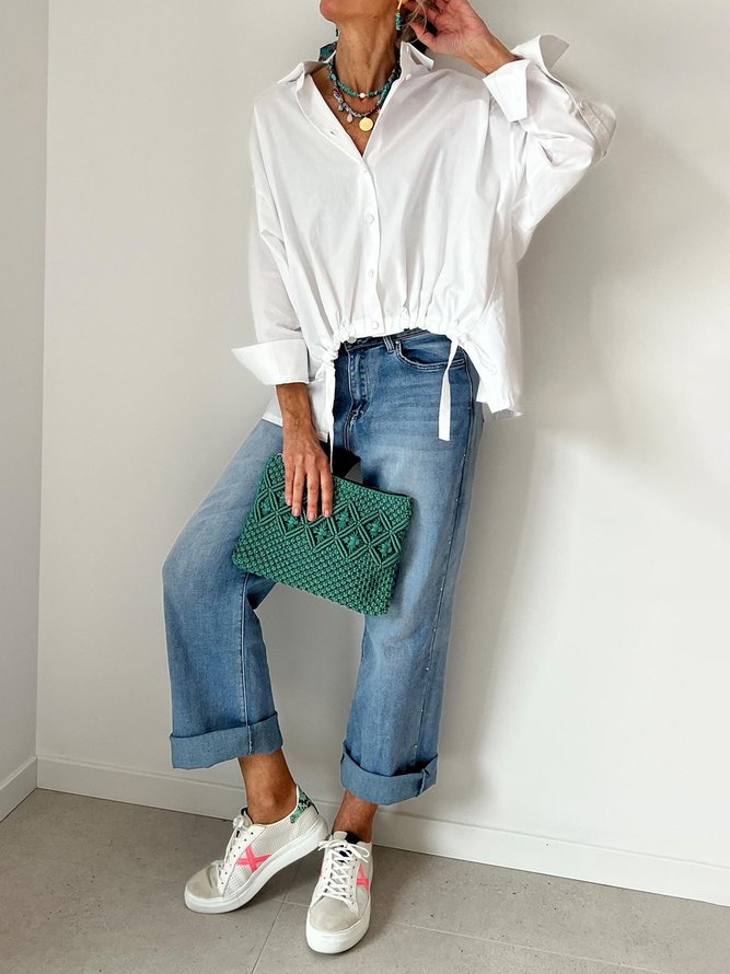 Cotton Casual Plain Irregular Craftsmanship Shirt Collar Shirt