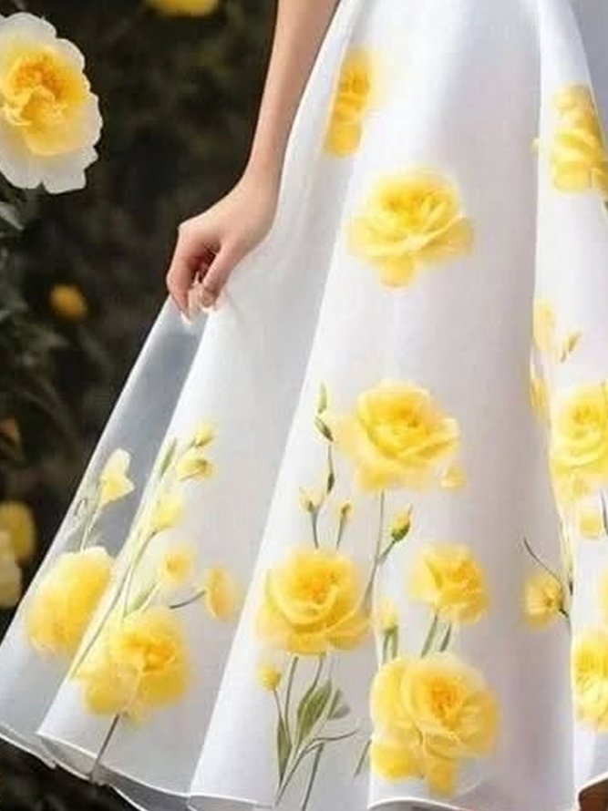Elegant Floral Printing Crew Neck Knee Length Party Dress