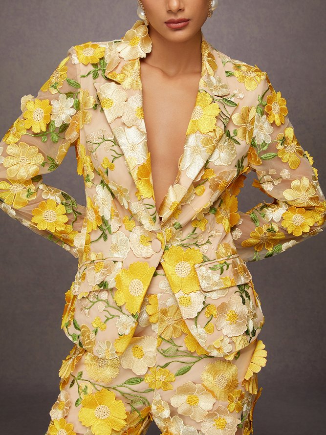 Elegant Exquisite Embroidered Floral Lapel Blazer