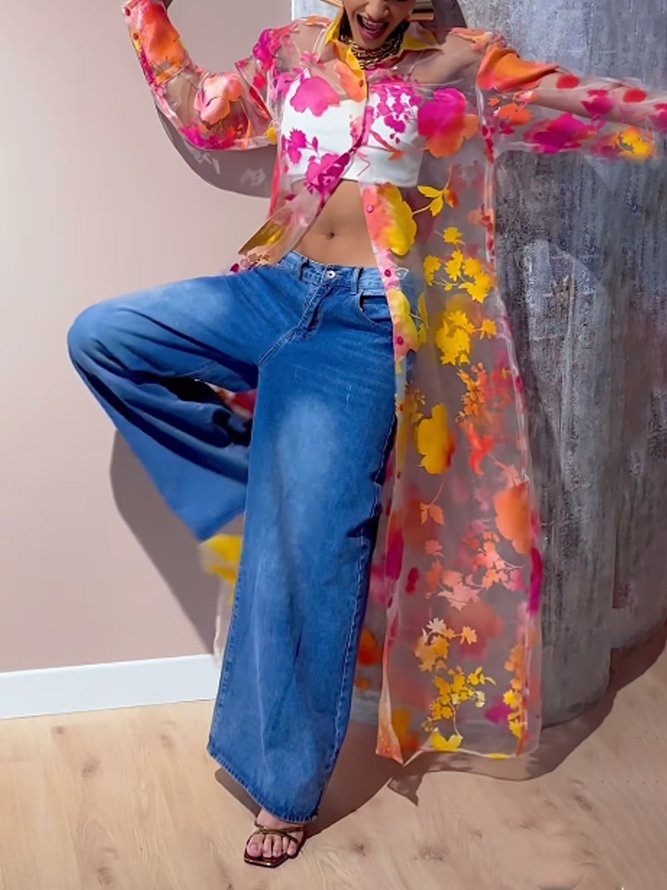 Vacation Floral Printing Shirt Collar Loosen Shirt