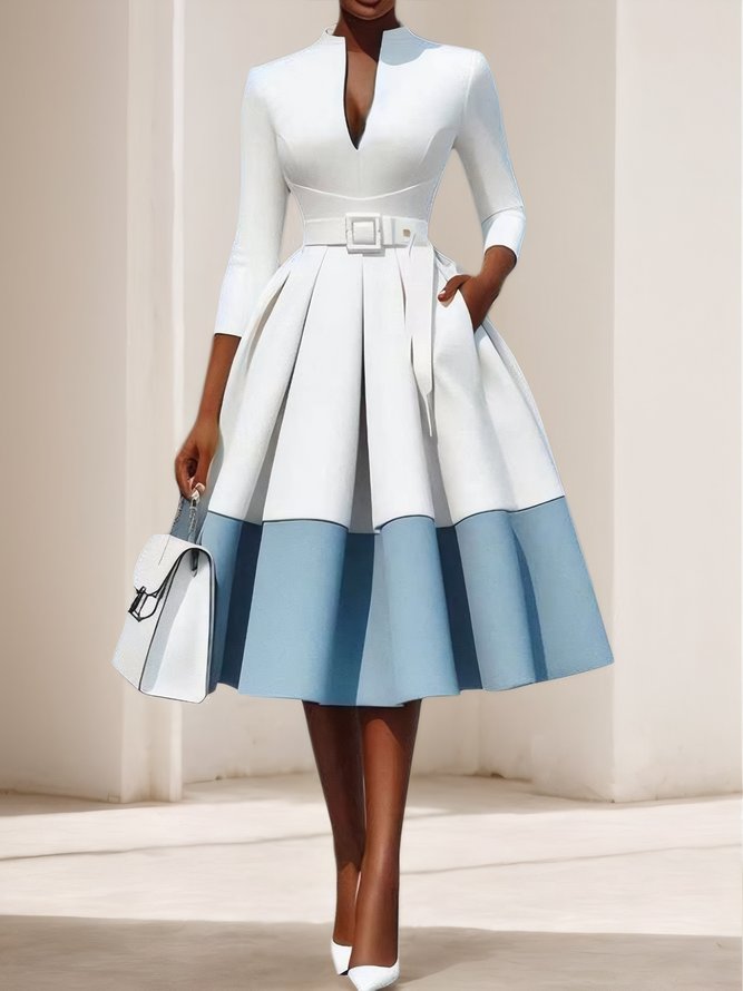 Elegant Color Block  V Neck Knee Length Dress With Belt