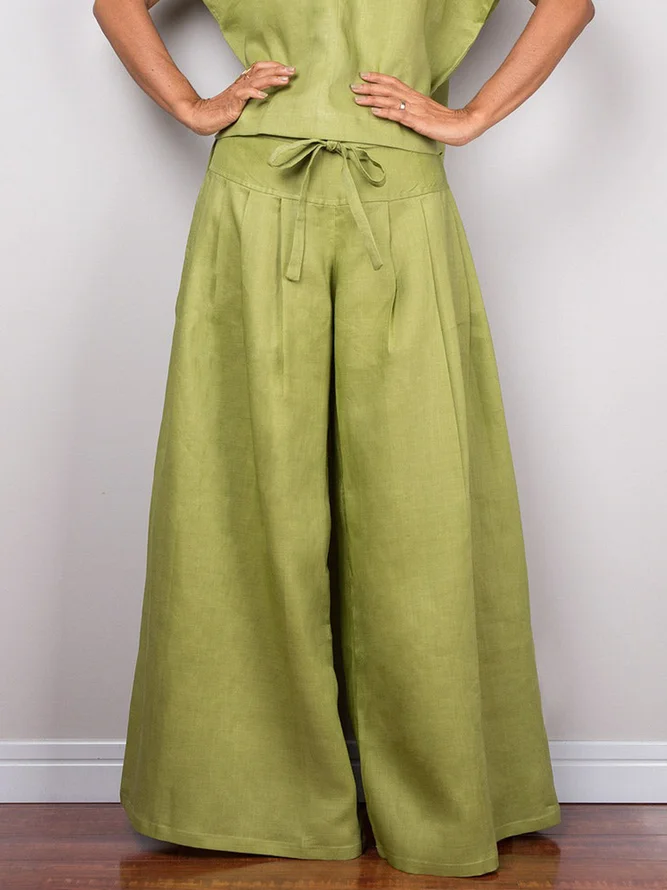 Casual Plain Cotton And Linen Wide Leg  Fashion Pants