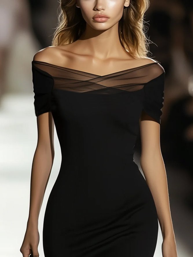 Elegant Plain Mesh Split Joint Cold Shoulder Knee Length Dress