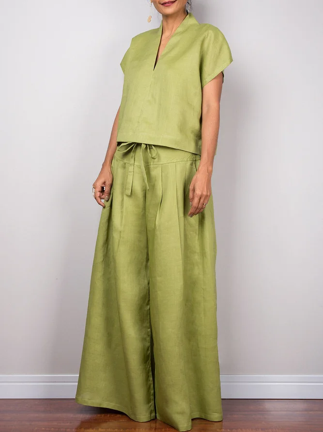 Casual Plain Cotton And Linen Wide Leg  Fashion Pants
