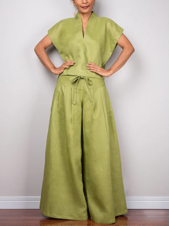 Casual Plain Cotton And Linen Wide Leg  Fashion Pants