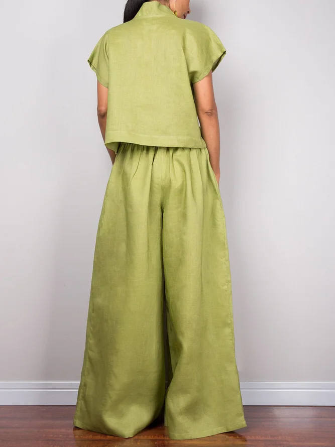 Casual Plain Cotton And Linen Wide Leg  Fashion Pants