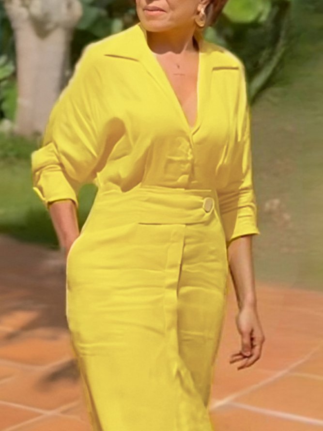 Linen blend Vacation Plain Raglan Sleeves V Neck Maxi Dress