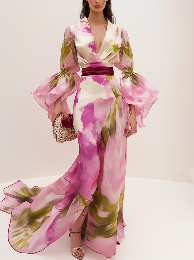 Printed V-Neck Ruffled Cap Sleeve Maxi Dress