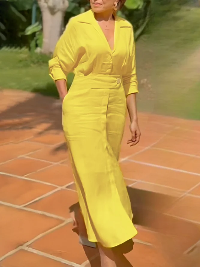 Linen blend Vacation Plain Raglan Sleeves V Neck Maxi Dress