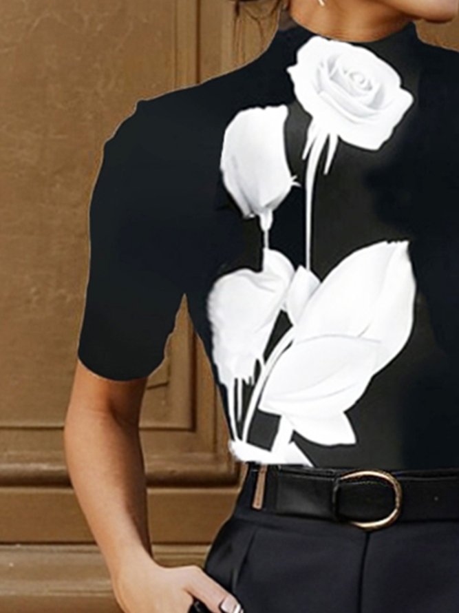Urban Floral Printing Stand Collar T-shirt