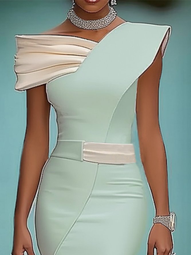 Elegant Color Block Split Joint Asymmetrical Midi Party Dress With Brooch