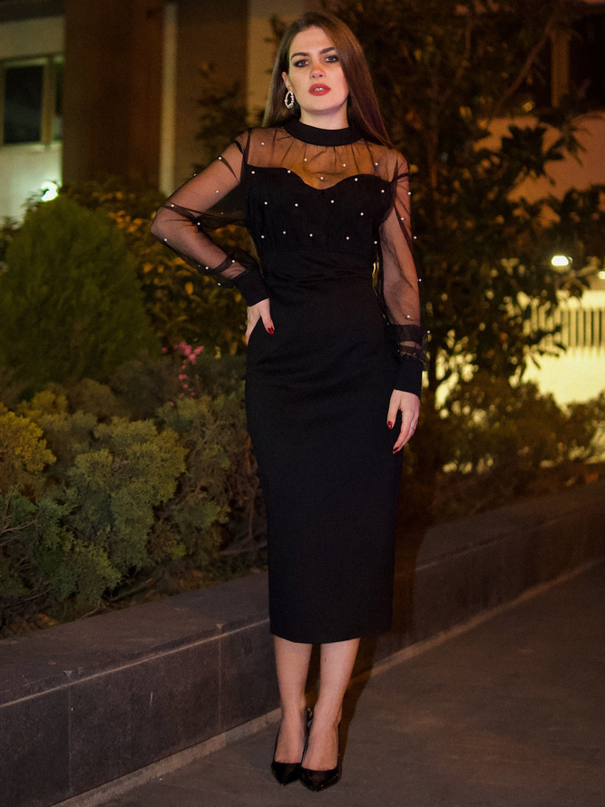 Elegant pearl embellished mesh Maxi dress