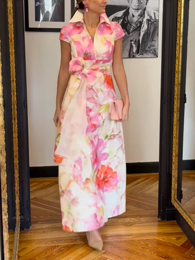 Elegant Floral Printing Shirt Collar Maxi Dress With Belt