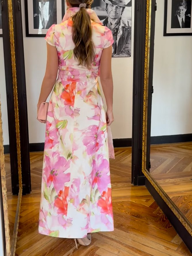 Elegant Floral Printing Shirt Collar Maxi Dress With Belt