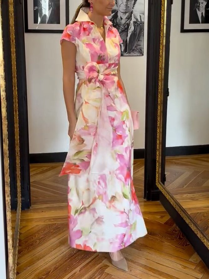 Elegant Floral Printing Shirt Collar Maxi Dress With Belt