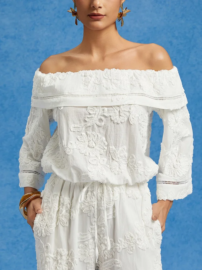 Pure Cotton Casual Jacquard Off-Shoulder Blouse