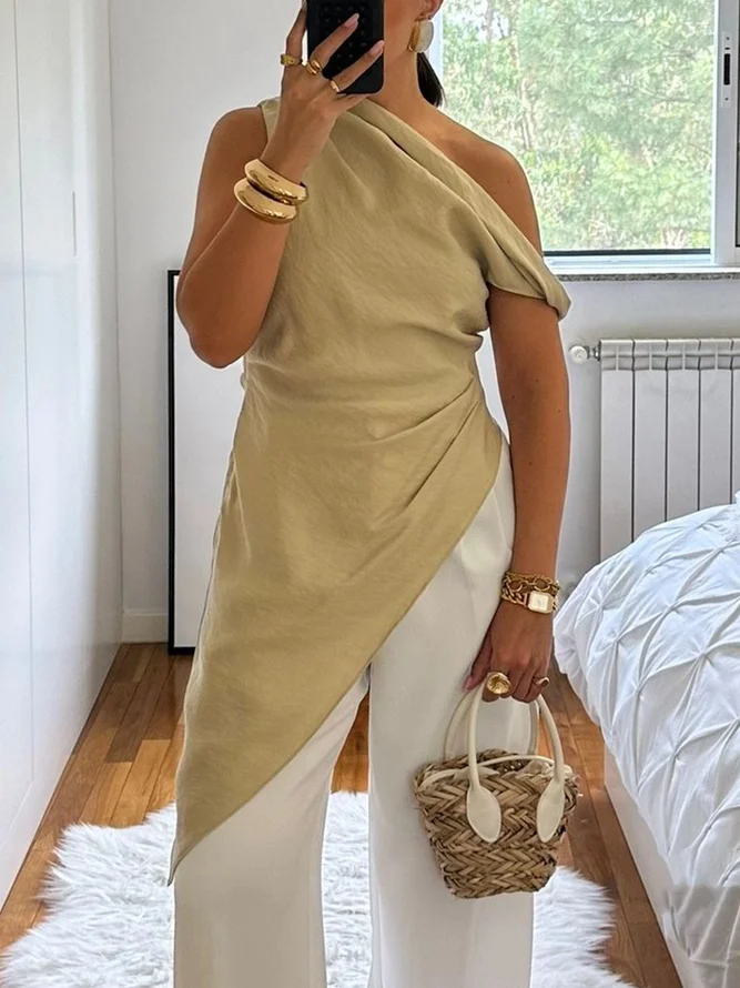Linen Blend Casual Plain Asymmetrical Blouse