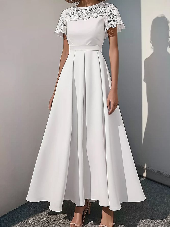 Elegant Solid Color Crew Neck Maxi Dress With Pockets