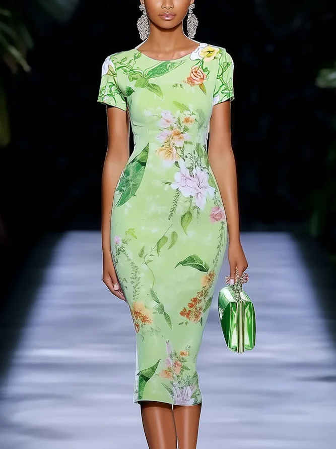 Elegant Floral Printing Crew Neck Knee Length Dress