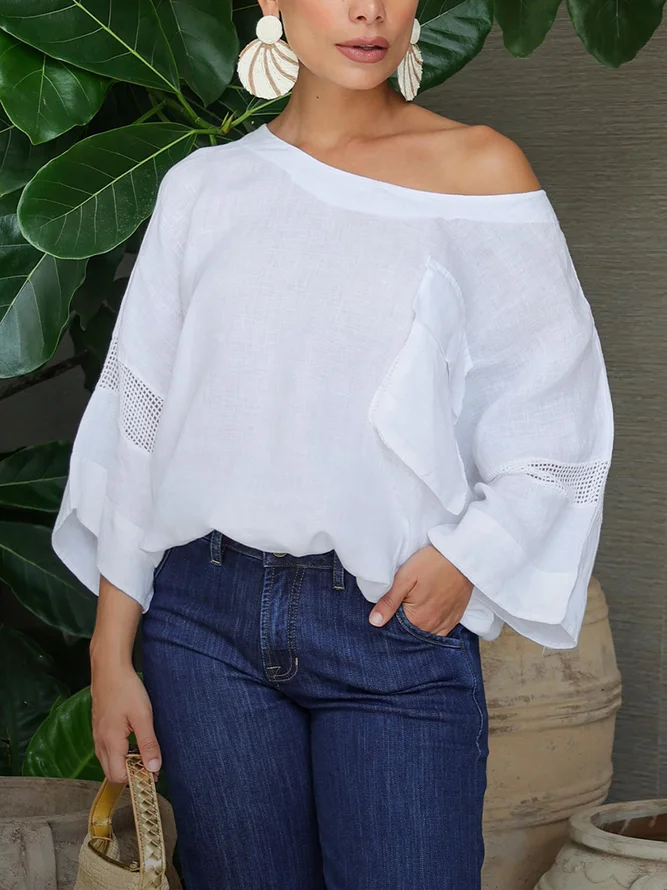 Linen Blend Casual Plain Split Joint Crew Neck Raglan Sleeves Blouse