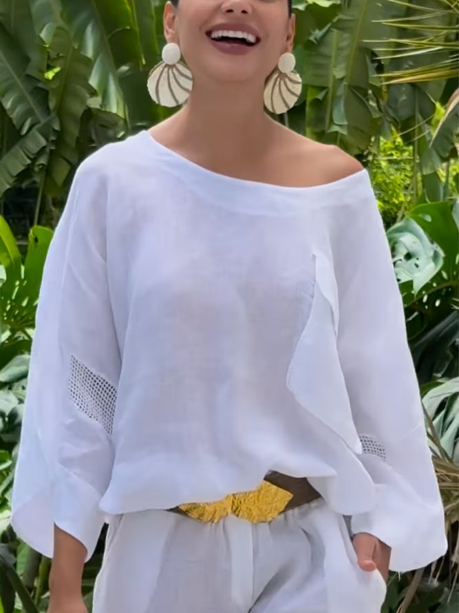 Linen Blend Casual Plain Split Joint Crew Neck Raglan Sleeves Blouse
