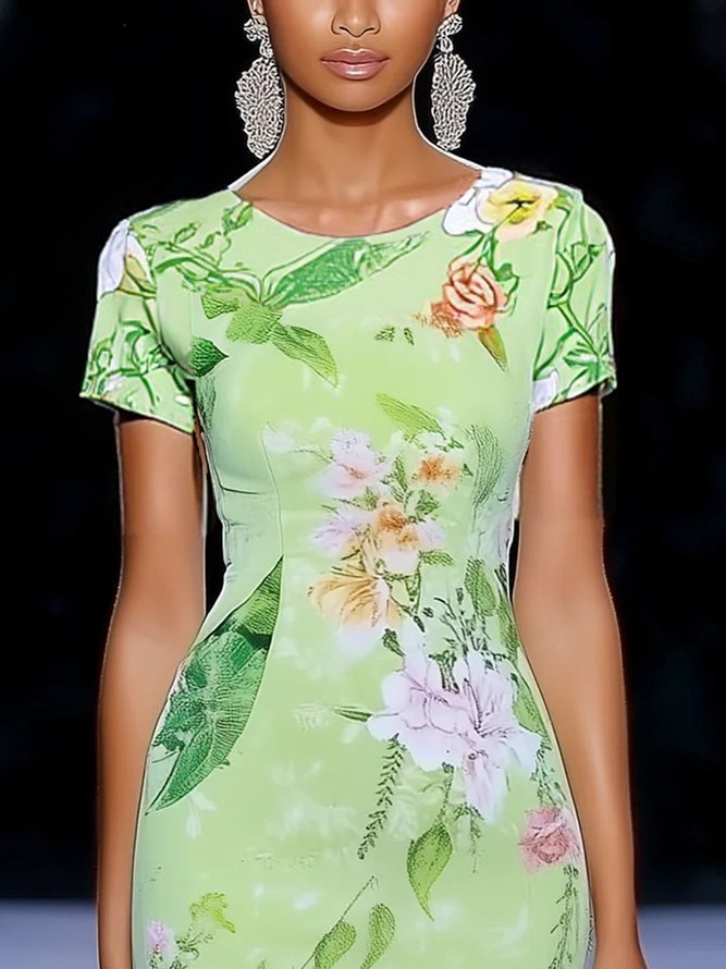 Elegant Floral Printing Crew Neck Knee Length Dress