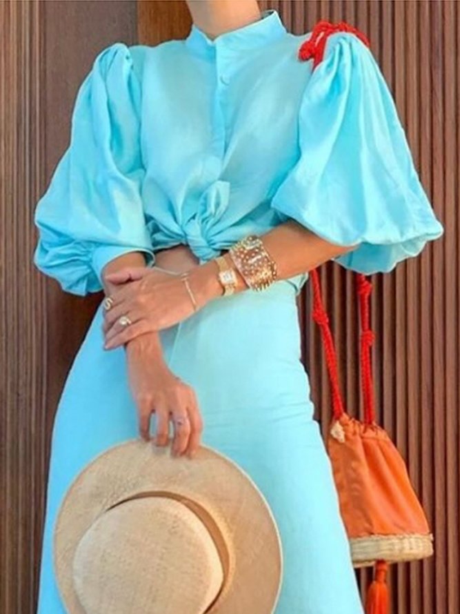Cotton And Linen Casual Plain Ruched Stand Collar Balloon Sleeve Shirt