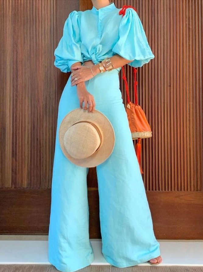 Cotton And Linen Casual Plain Ruched Stand Collar Balloon Sleeve Shirt