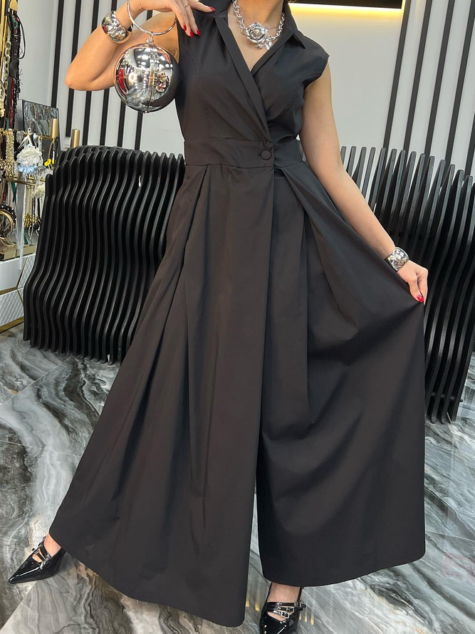 Casual Pockets Plain Shawl Collar Tank Jumpsuit