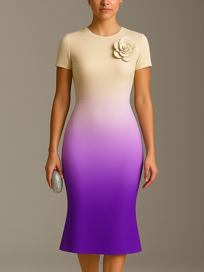 Elegant Ombre  Printing 3D Floral Crew Neck Midi Dress