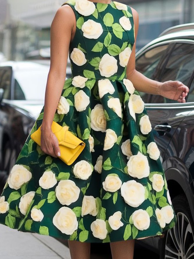 Elegant Floral Printing Crew Neck Midi Dress