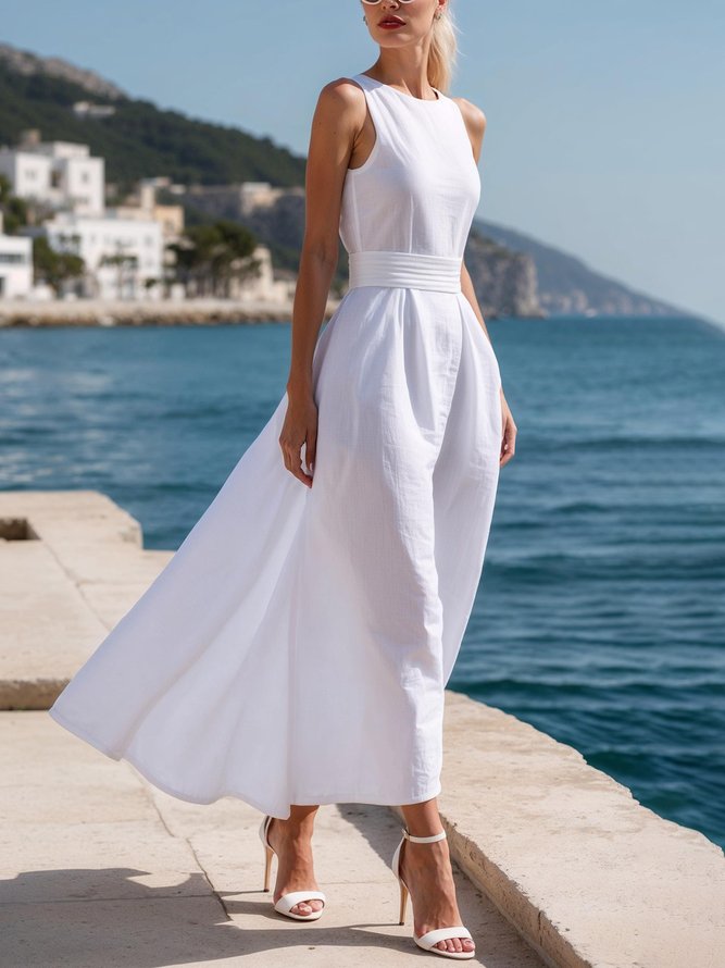 Linen Blend Vacation Plain Crew Neck Maxi Dress With Belt
