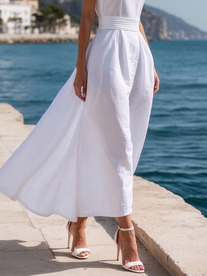 Linen Blend Vacation Plain Crew Neck Maxi Dress With Belt