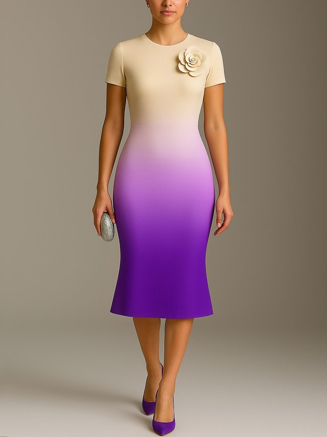 Elegant Ombre  Printing 3D Floral Crew Neck Midi Dress