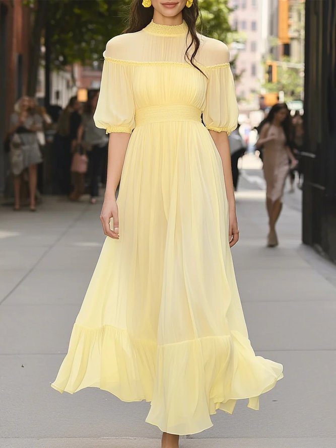 Elegant Plain Balloon Sleeve Split Joint Stand Collar Maxi Dress With Belt