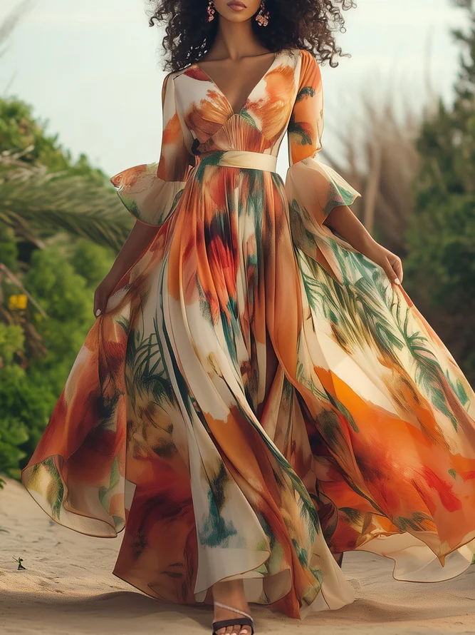 Vacation Floral Printing V Neck Maxi Dress