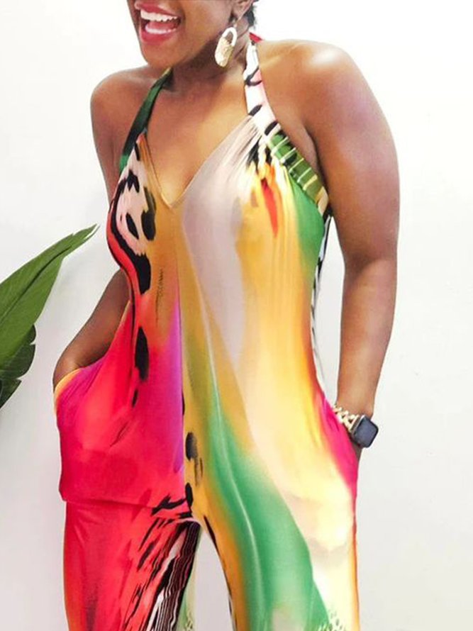 Casual Printing Random Print Halter Jumpsuit