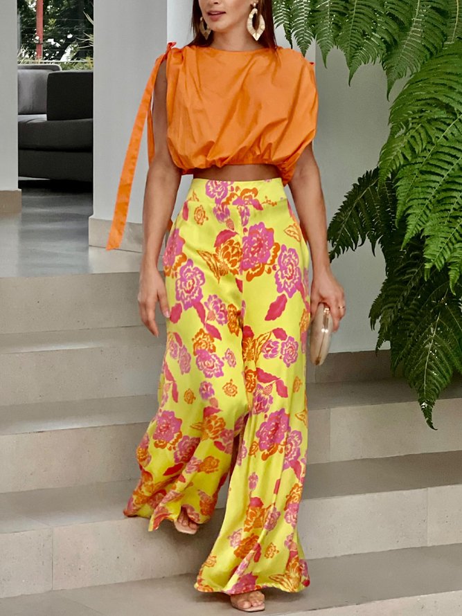 Vacation Floral Printing Wide Leg Pants