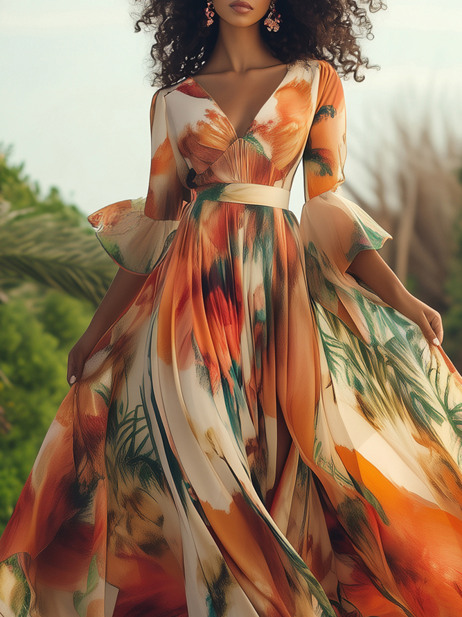 Vacation Floral Printing V Neck Maxi Dress