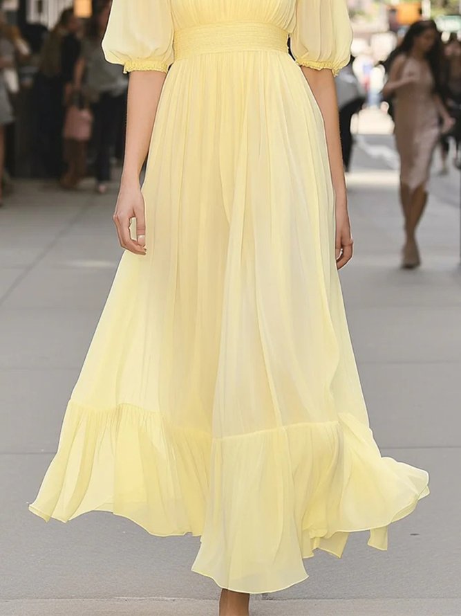 Elegant Plain Balloon Sleeve Split Joint Stand Collar Maxi Dress With Belt