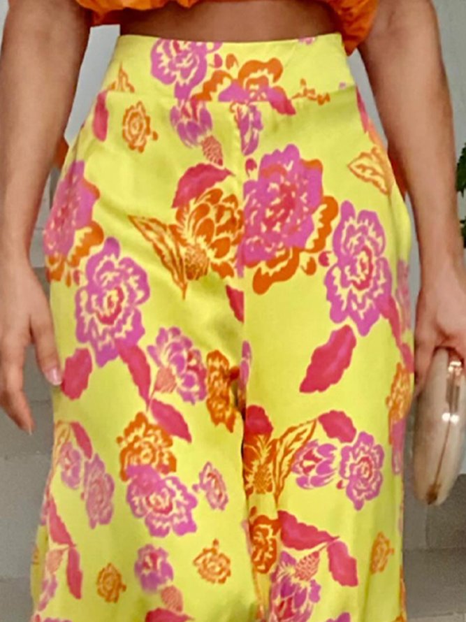 Vacation Floral Printing Wide Leg Pants