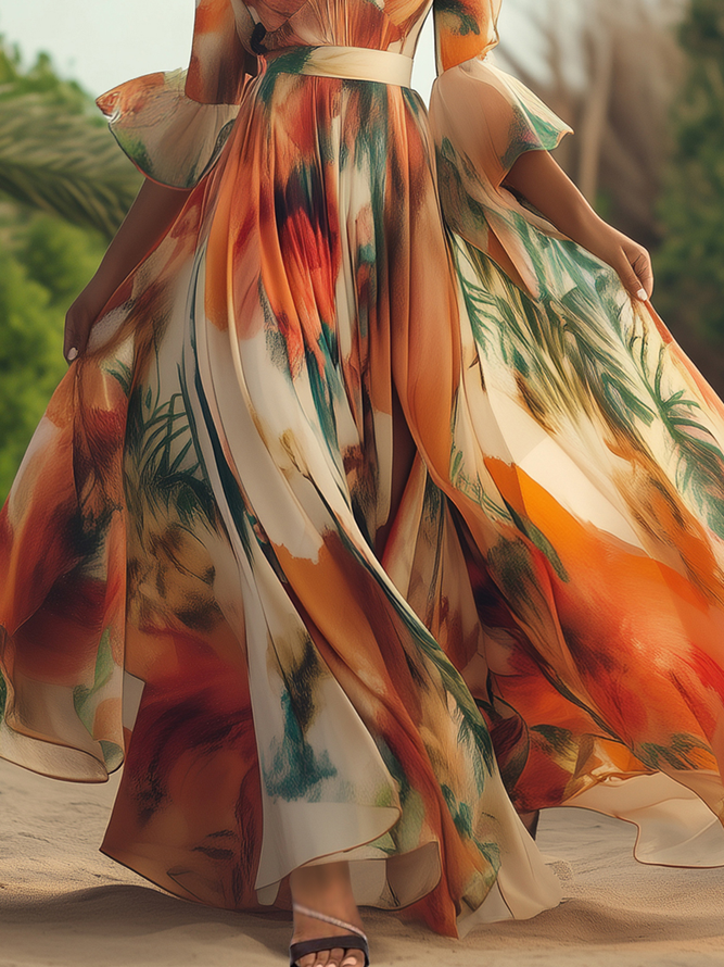Vacation Floral Printing V Neck Maxi Dress