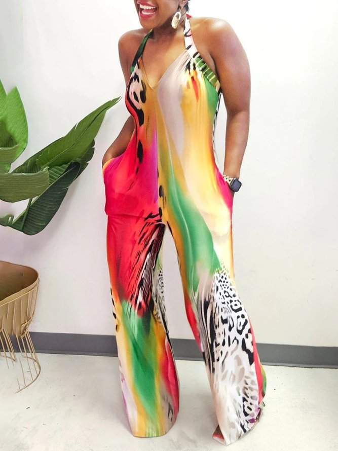 Casual Printing Random Print Halter Jumpsuit