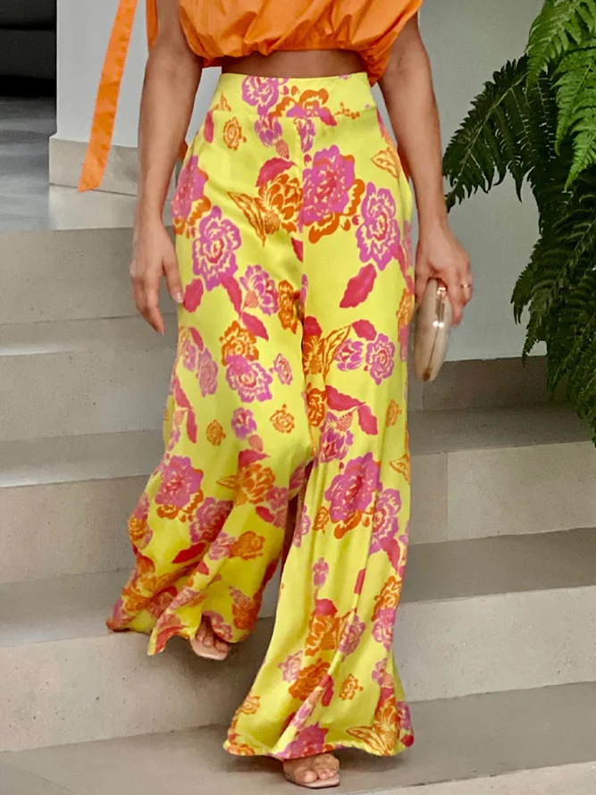 Vacation Floral Printing Wide Leg Pants