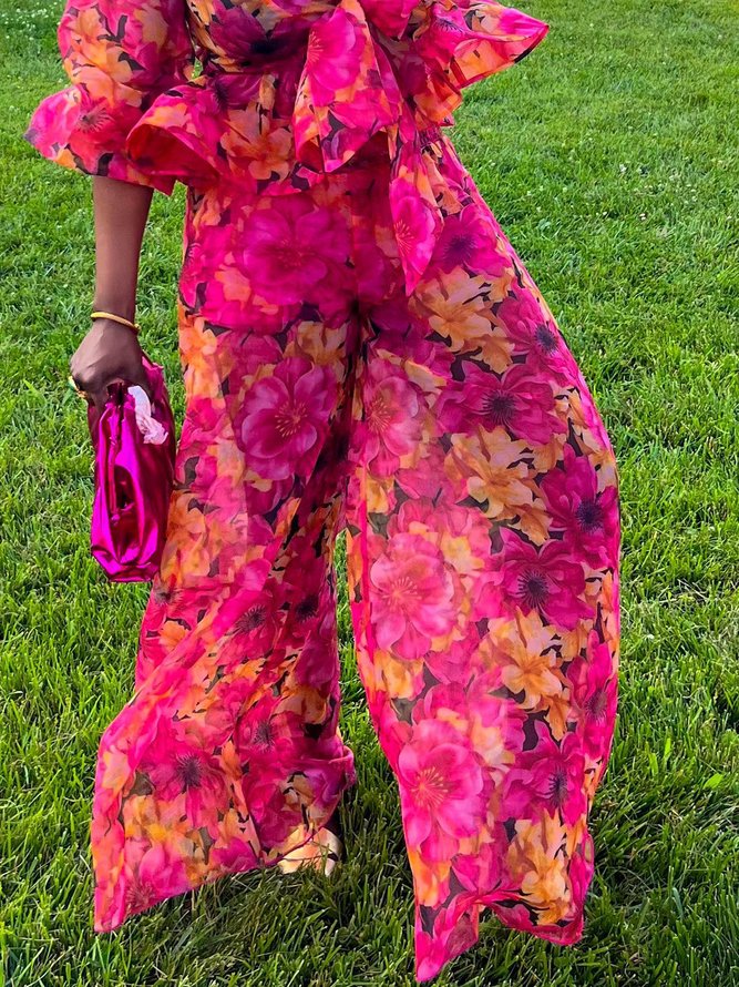 Vacation Floral Printing Wide Leg Pants
