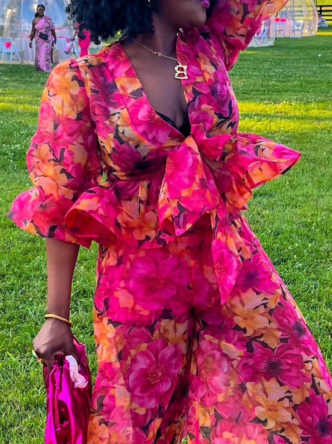Vacation Floral Printing V Neck Blouse