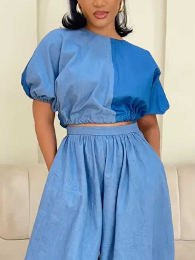 Casual Color Block Split Joint Crew Neck Balloon Sleeve Denim Top
