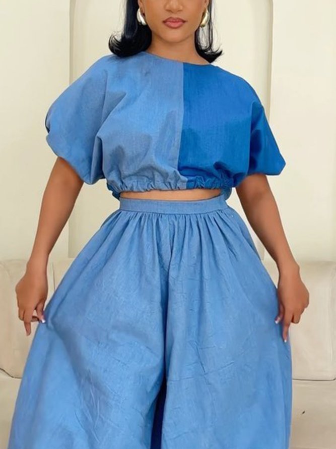 Casual Color Block Split Joint Crew Neck Balloon Sleeve Denim Top